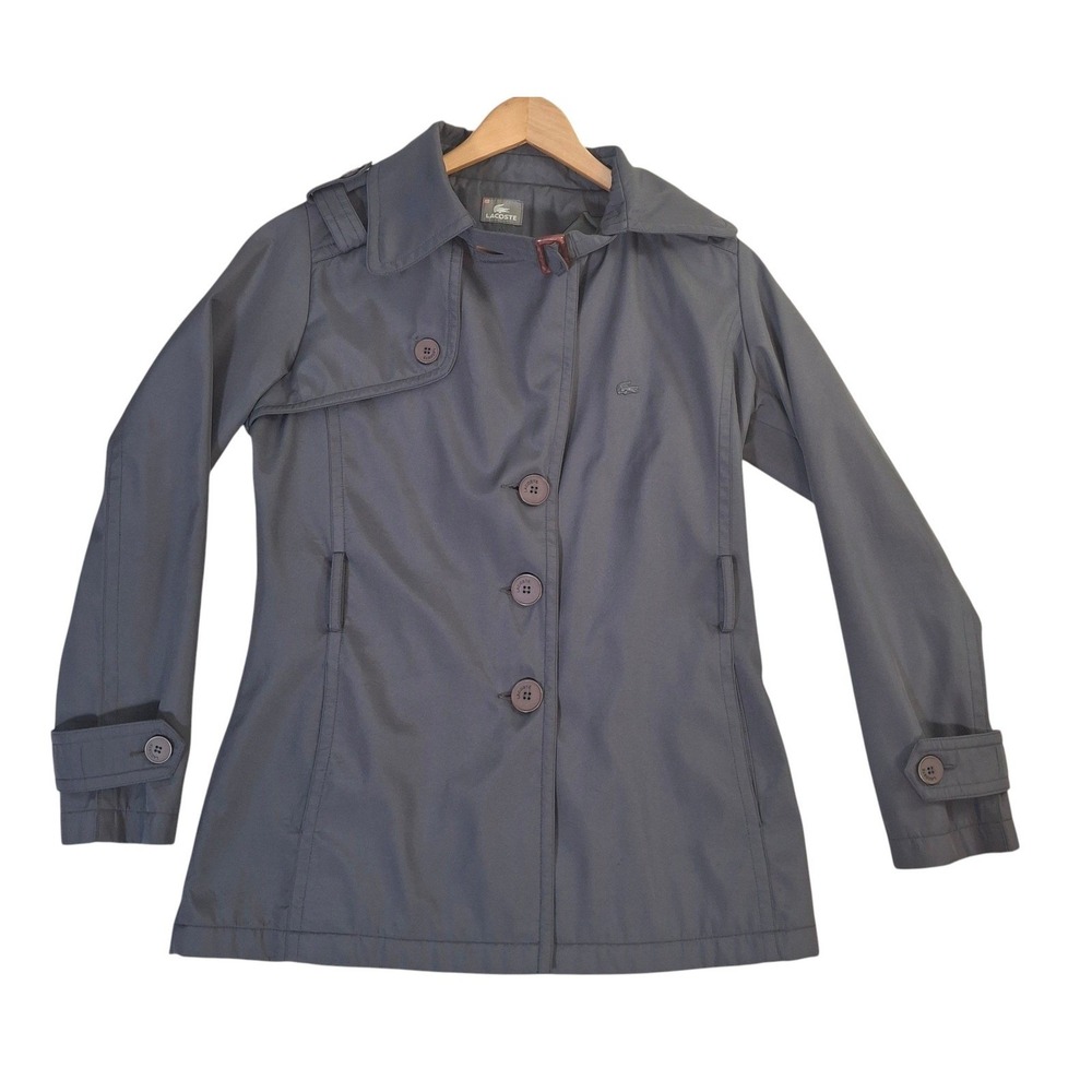 Lacoste Womens Gray Lightweight Trench Coat Jacket Size 36 Charcoal Button Front